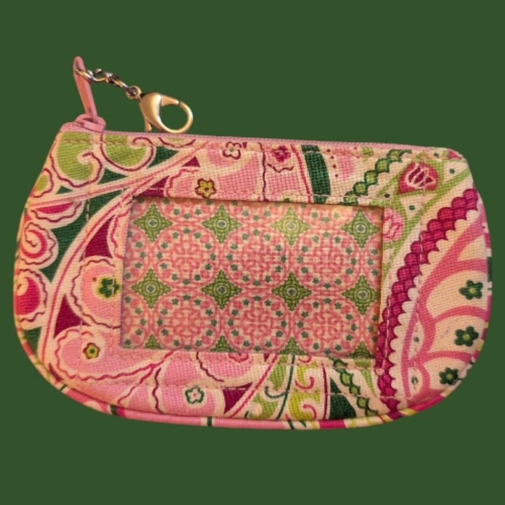 EUC Vera Bradley Pinwheel Pink Clip Zip ID Holder Change Coin Purse Pink Green - Picture 2 of 3